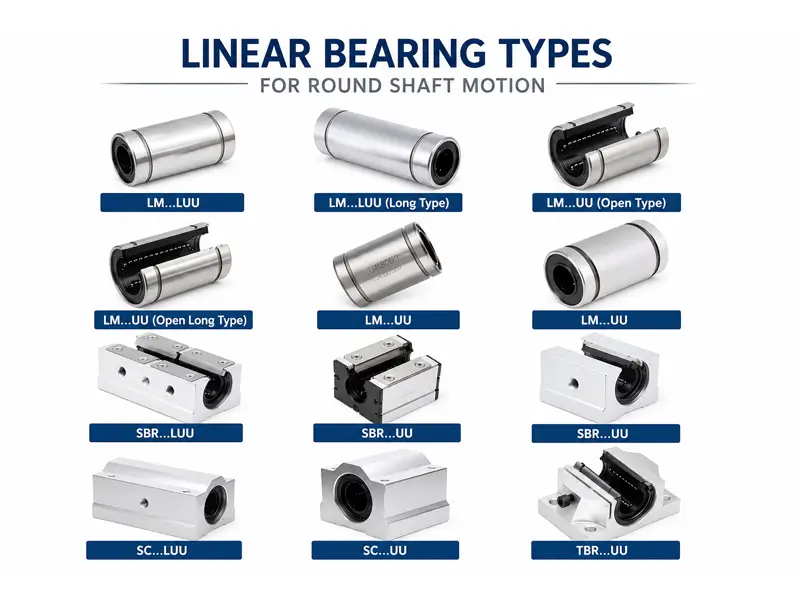 Common linear bearing types for round shaft motion systems Common linear bearing types for round shaft motion systems