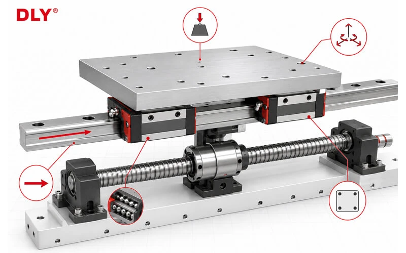 The sliders support and guide the table, while the ball screw provides the driving force. The sliders support and guide the table, while the ball screw provides the driving force.