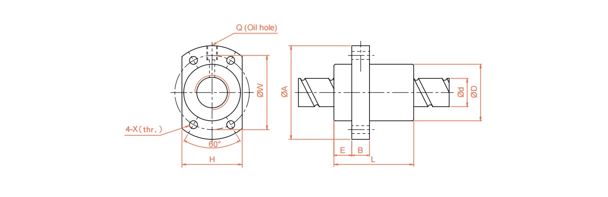 SFY ball screw nut dimension drawing with flange and mounting hole details SFY ball screw nut dimension drawing with flange and mounting hole details
